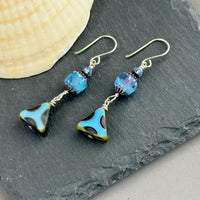 Blue and Black Zebra Triangle Czech Glass Dangle Earrings in Sterling Silver