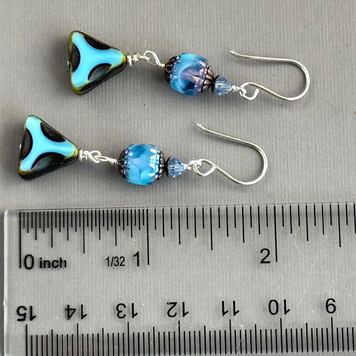 Blue and Black Zebra Triangle Czech Glass Dangle Earrings in Sterling Silver