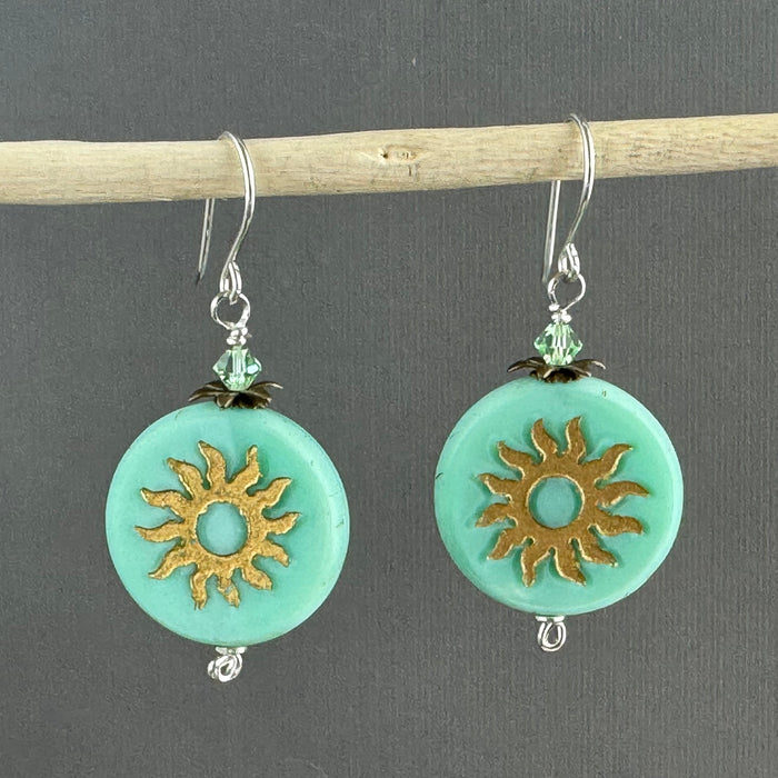 Huge Sea Foam Green Czech Glass Sun Coin Bohemian Drop Earrings in Sterling Silver