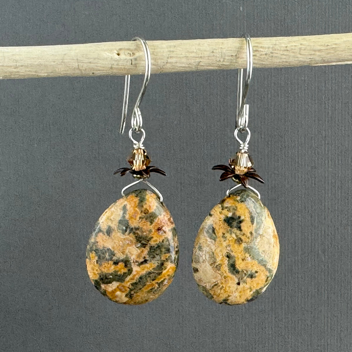 Large Brown Agate Teardrop Earrings in Sterling Silver