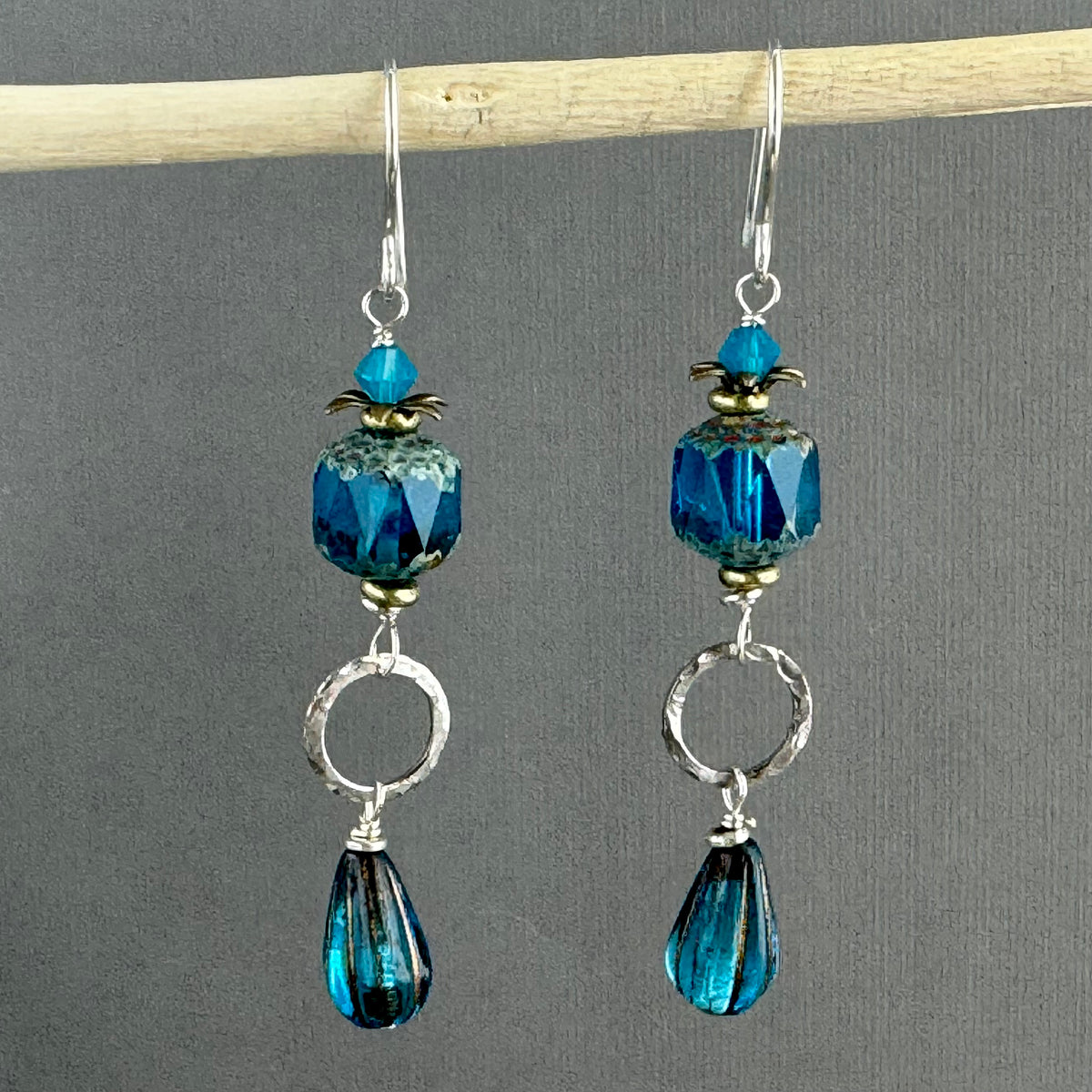 Czech Glass Sea Foam Blue Cathedral Drop Earrings in Sterling Silver