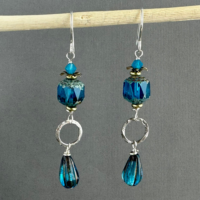 Czech Glass Sea Foam Blue Cathedral Drop Earrings in Sterling Silver