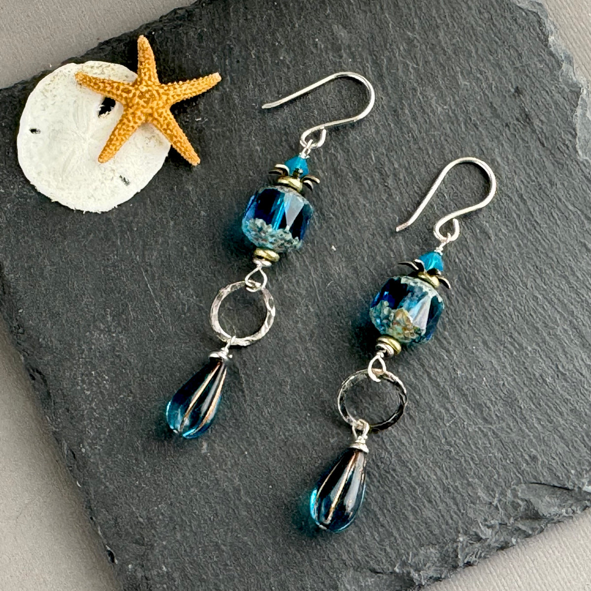 Czech Glass Sea Foam Blue Cathedral Drop Earrings in Sterling Silver
