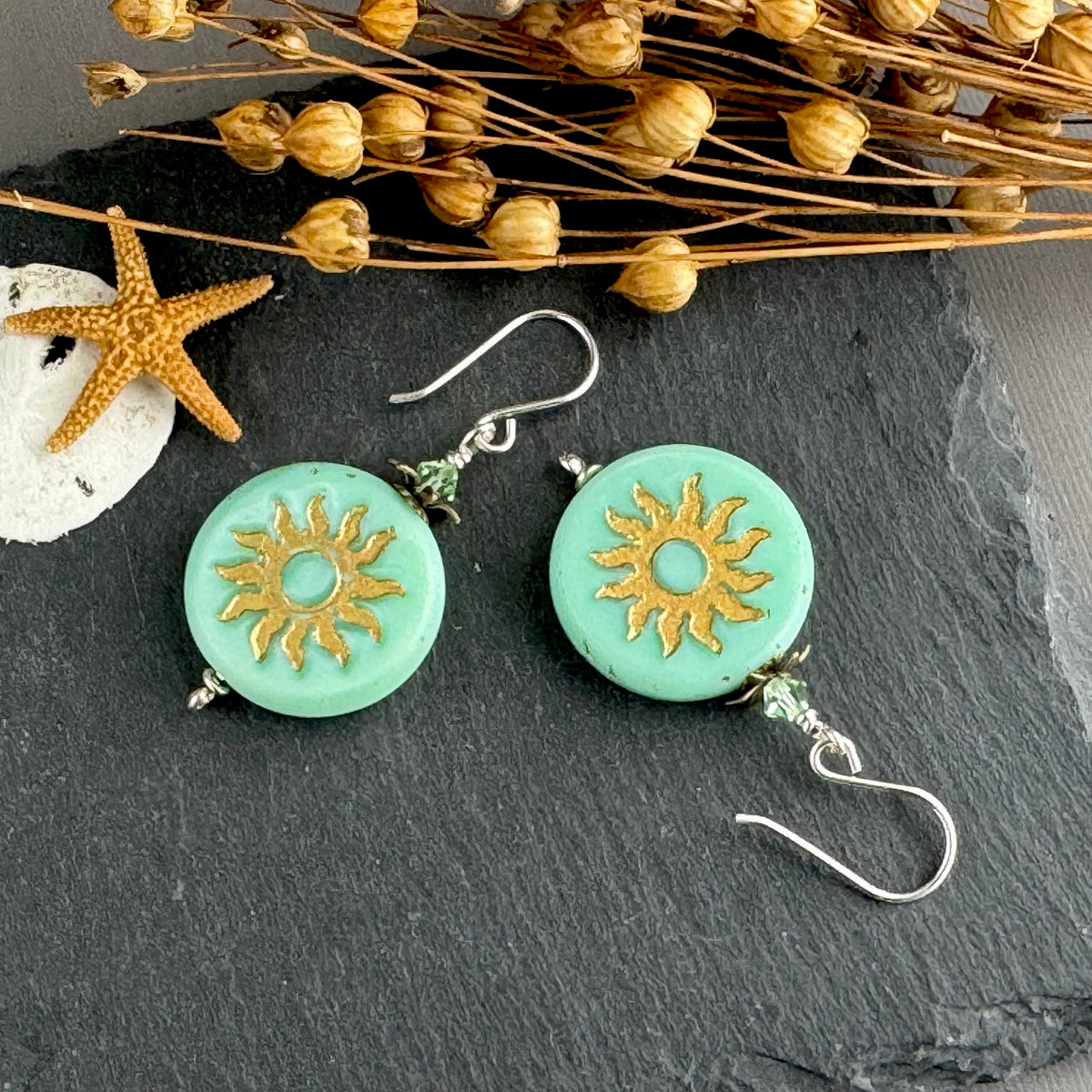 Huge Sea Foam Green Czech Glass Sun Coin Bohemian Drop Earrings in Sterling Silver