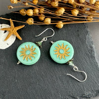 Huge Sea Foam Green Czech Glass Sun Coin Bohemian Drop Earrings in Sterling Silver