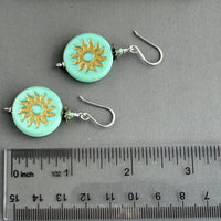 Huge Sea Foam Green Czech Glass Sun Coin Bohemian Drop Earrings in Sterling Silver