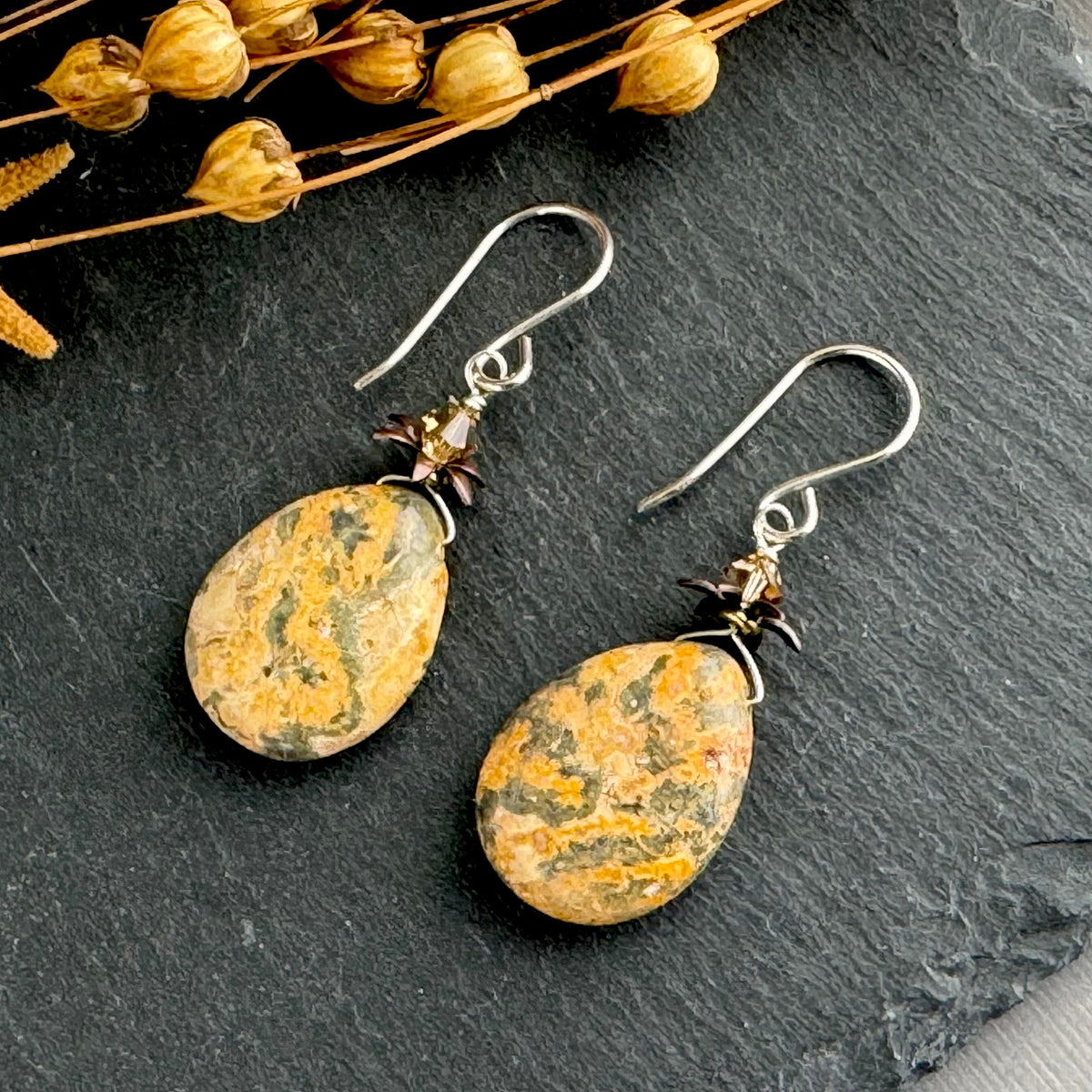 Large Brown Agate Teardrop Earrings in Sterling Silver