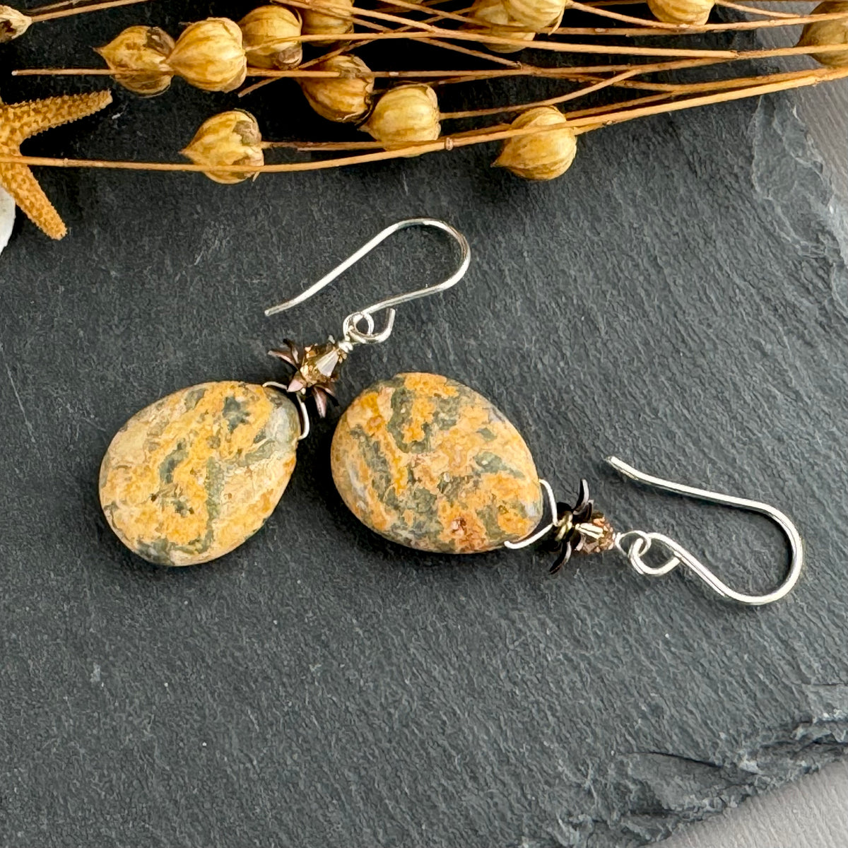 Large Brown Agate Teardrop Earrings in Sterling Silver