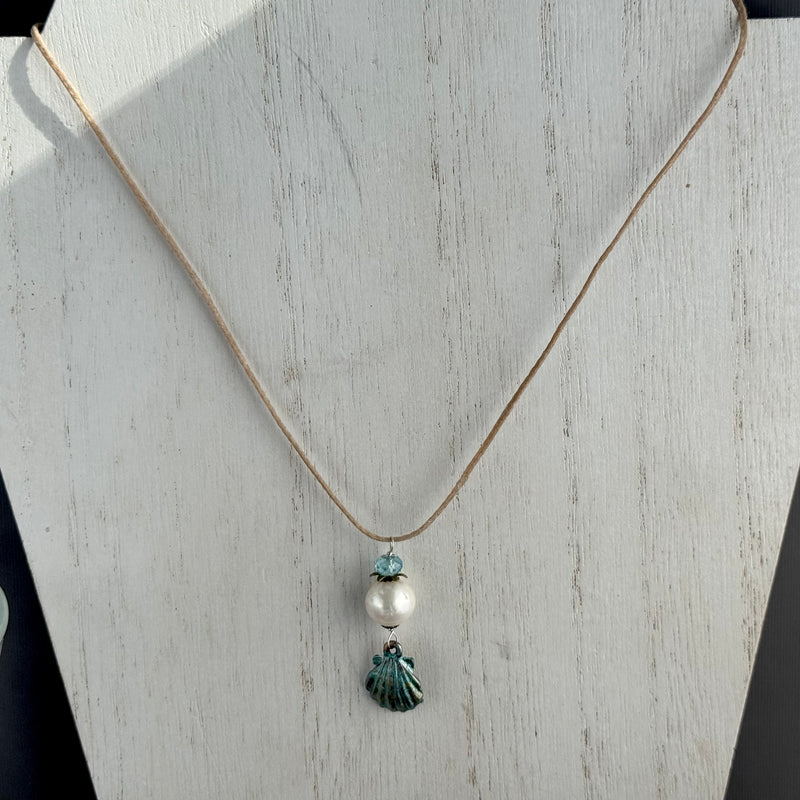 Beachy White Freshwater Pearl Necklace with Hand Painted Green Shell Drops in Sterling Silver