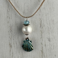 Beachy White Freshwater Pearl Necklace with Hand Painted Green Shell Drops in Sterling Silver