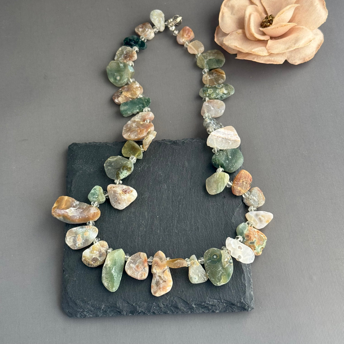Raw Ocean Jasper and Green Amethyst Necklace in Sterling Silver