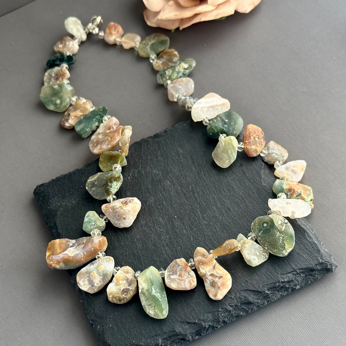 Raw Ocean Jasper and Green Amethyst Necklace in Sterling Silver