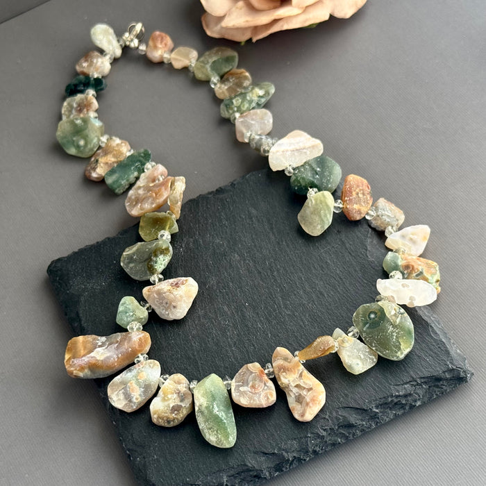 Raw Ocean Jasper and Green Amethyst Necklace in Sterling Silver