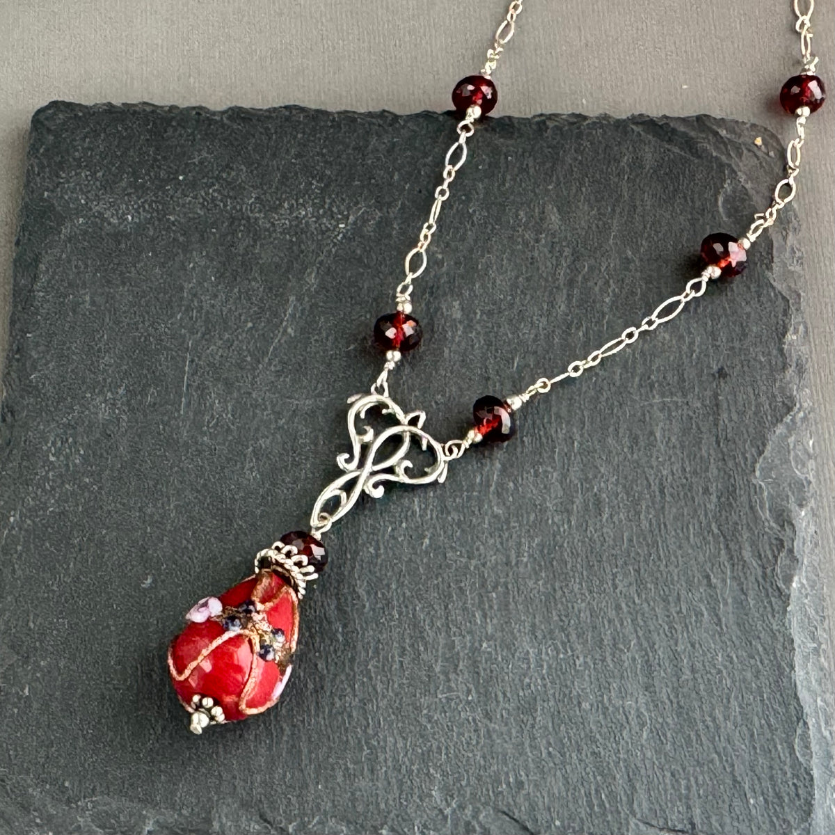 Vintage Czech Glass Lampwork Pendant Necklace in Sterling Silver