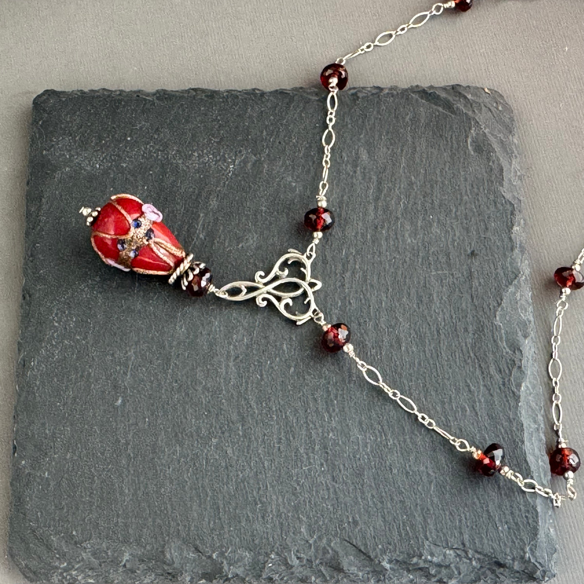Vintage Czech Glass Lampwork Pendant Necklace in Sterling Silver