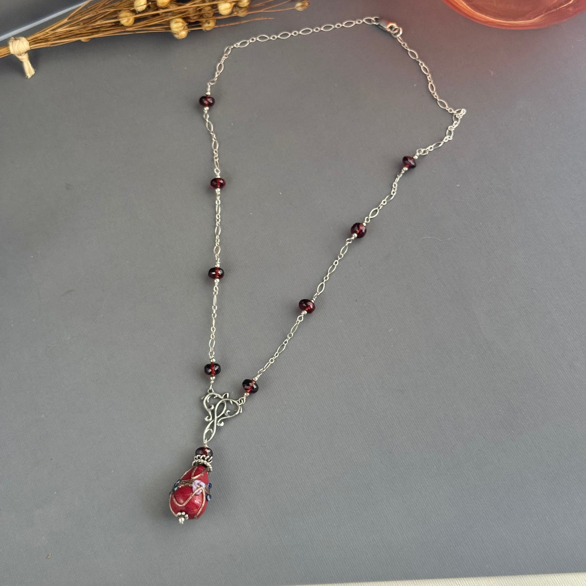 Vintage Czech Glass Lampwork Pendant Necklace in Sterling Silver