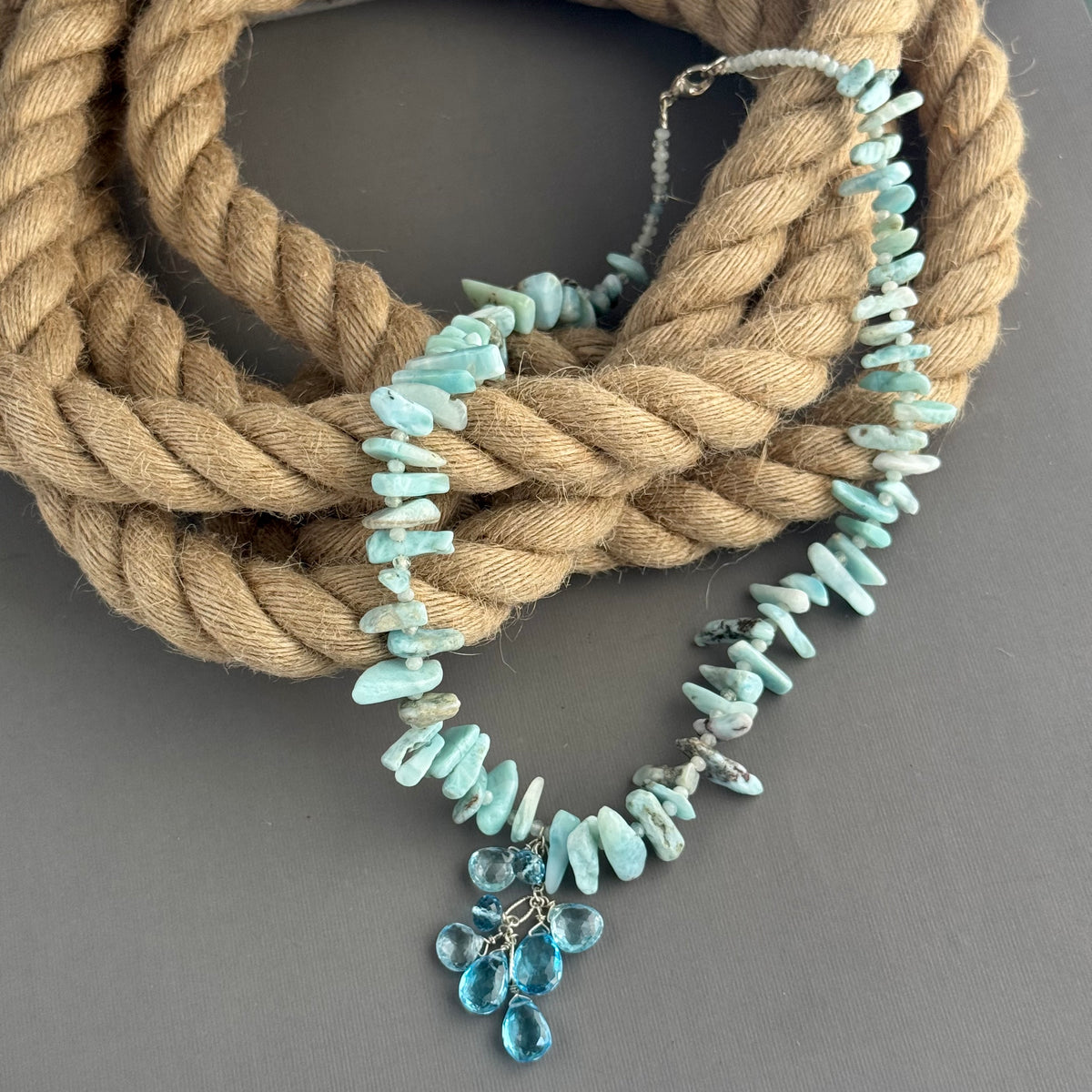 Swiss Blue Topaz Drop and Larimar Stick Necklace in Sterling Silver