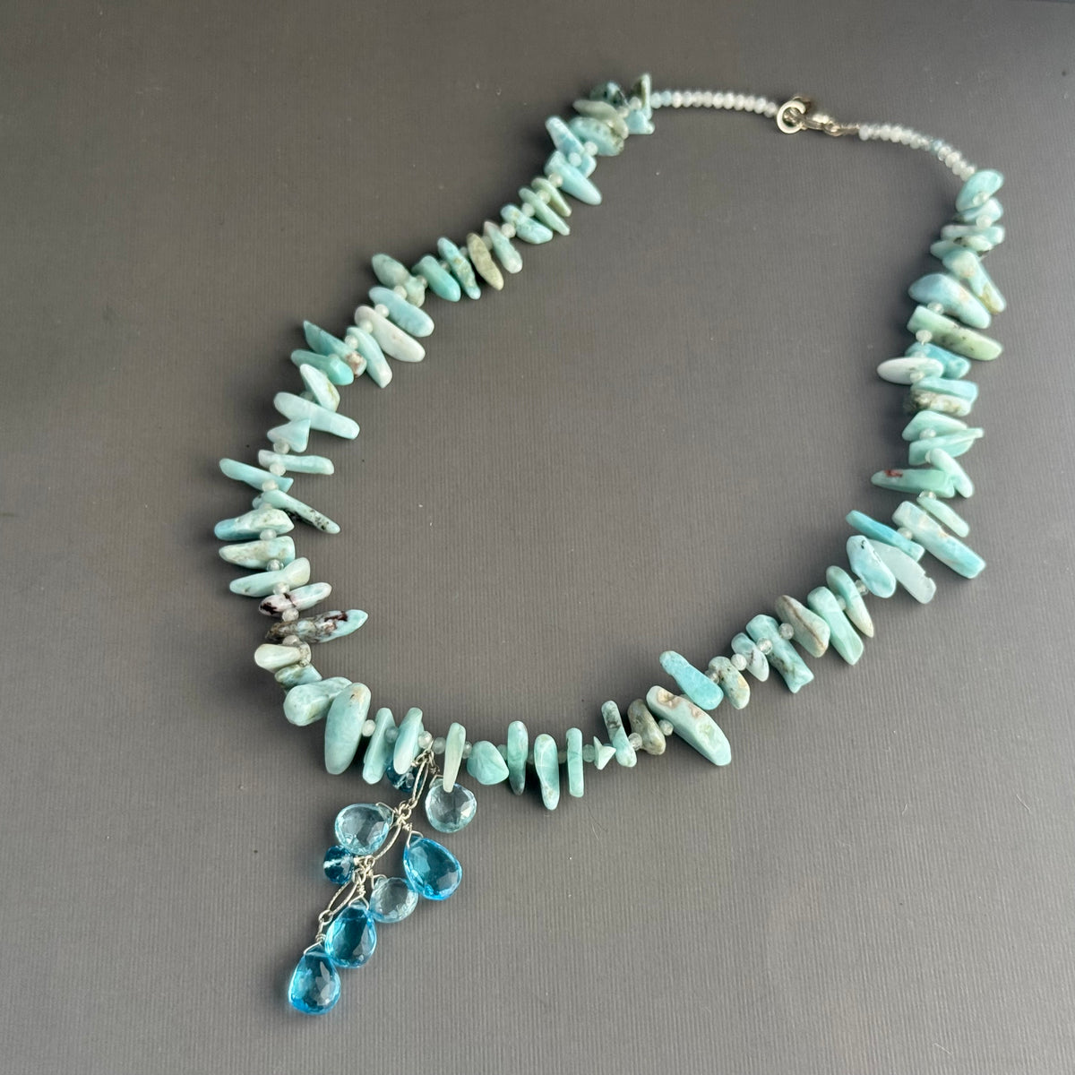 Swiss Blue Topaz Drop and Larimar Stick Necklace in Sterling Silver