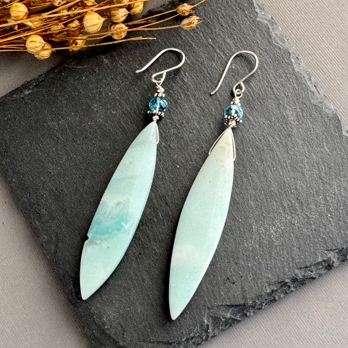 Large Amazonite Dagger and Swiss Blue Topaz Earrings in Sterling Silver