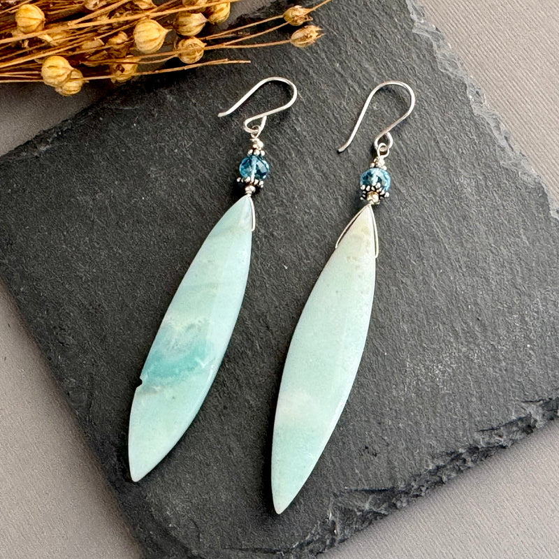 Large Amazonite Dagger and Swiss Blue Topaz Earrings in Sterling Silver