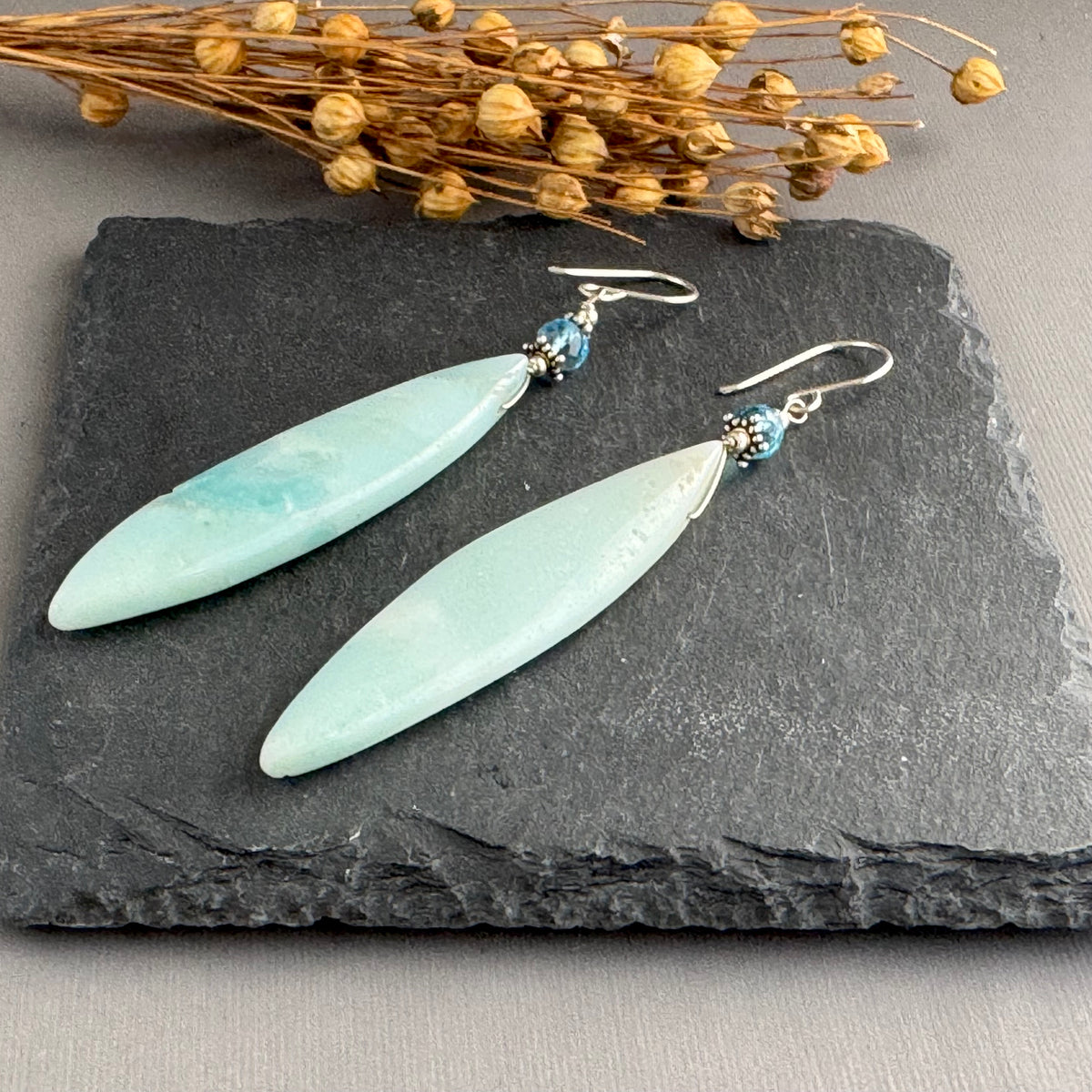 Large Amazonite Dagger and Swiss Blue Topaz Earrings in Sterling Silver