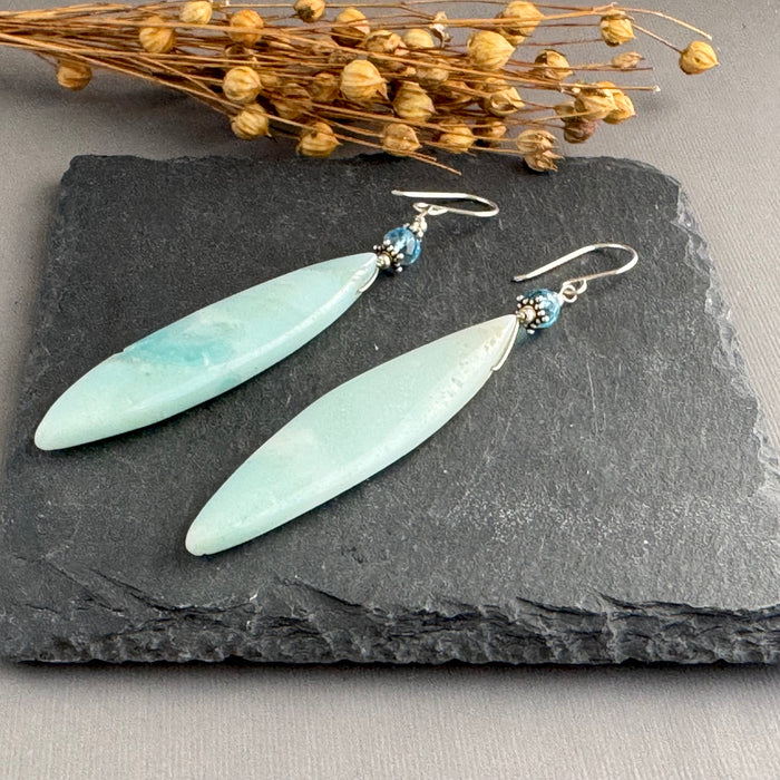 Large Amazonite Dagger and Swiss Blue Topaz Earrings in Sterling Silver