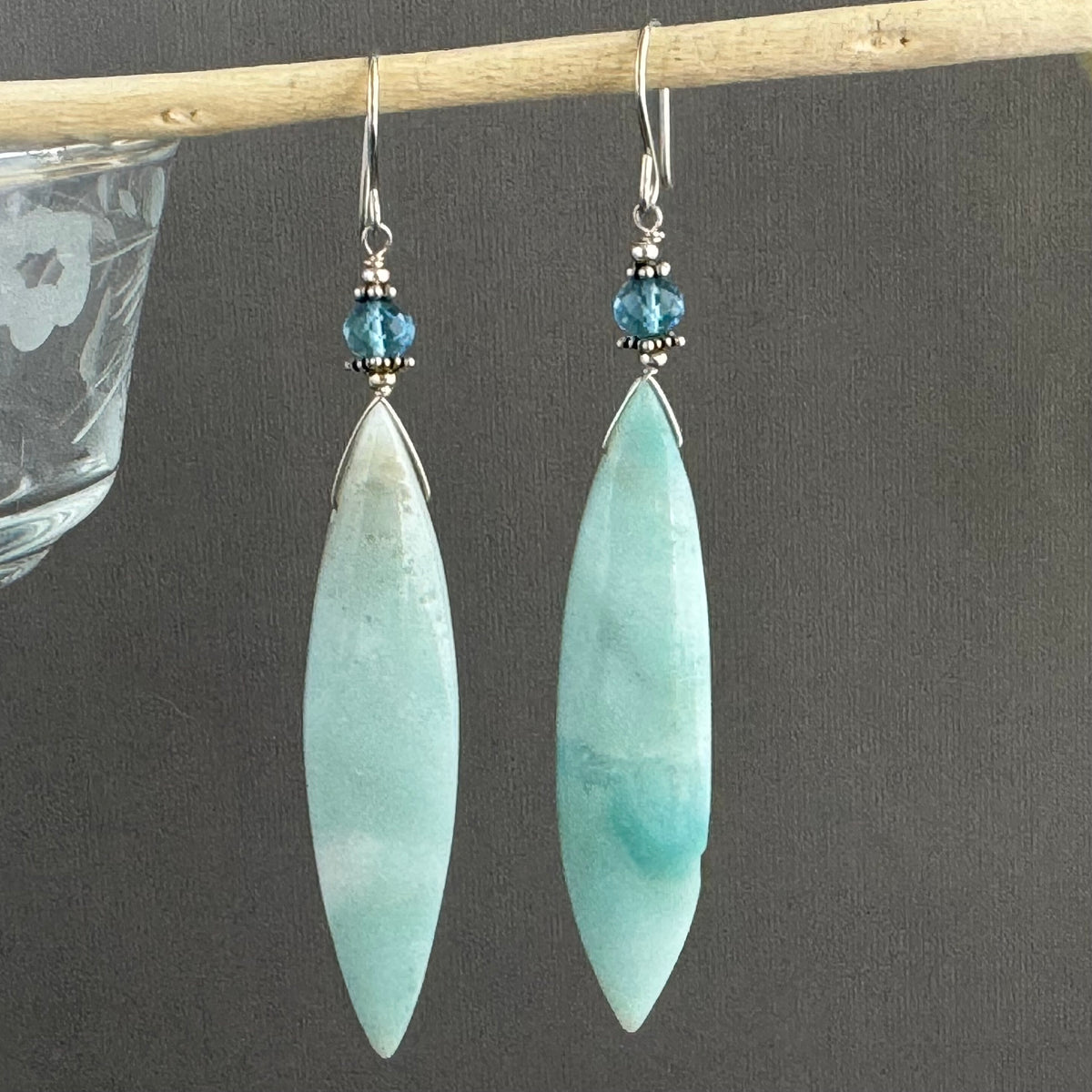 Large Amazonite Dagger and Swiss Blue Topaz Earrings in Sterling Silver