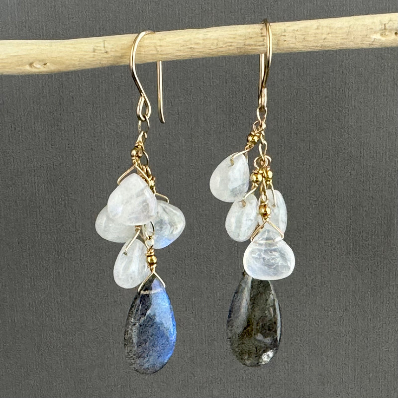 Large Labradorite and White Moonstone Earrings in 14K Gold Fill