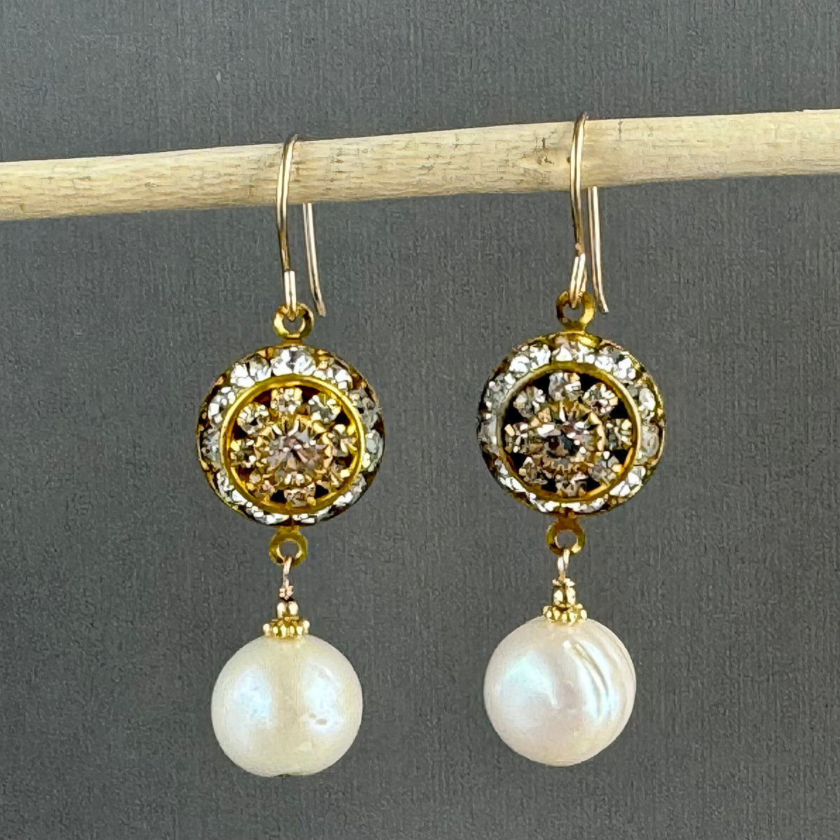 Vintage Crystal Swarovski Crystal Domed Earrings with Large White Freshwater Pearls in 14K Gold Fill