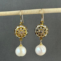 Vintage Crystal Swarovski Crystal Domed Earrings with Large White Freshwater Pearls in 14K Gold Fill