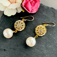 Vintage Crystal Swarovski Crystal Domed Earrings with Large White Freshwater Pearls in 14K Gold Fill
