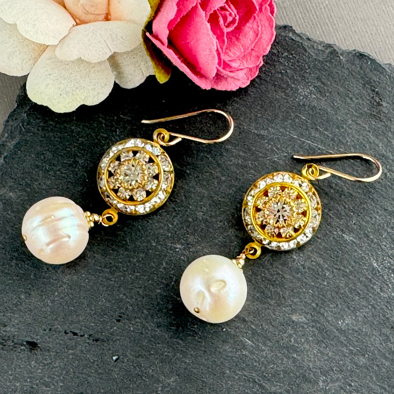 Vintage Crystal Swarovski Crystal Domed Earrings with Large White Freshwater Pearls in 14K Gold Fill