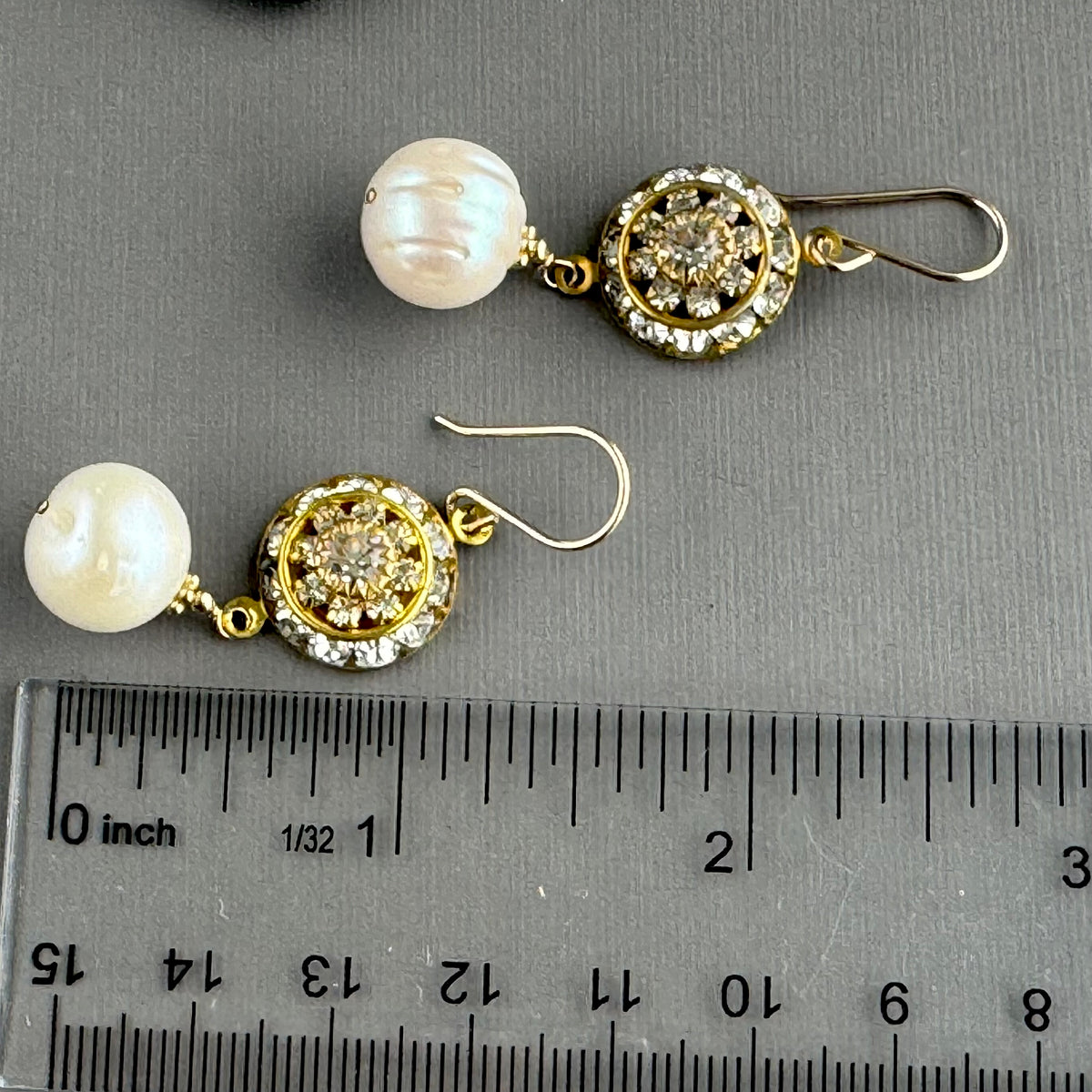 Vintage Crystal Swarovski Crystal Domed Earrings with Large White Freshwater Pearls in 14K Gold Fill