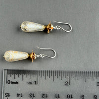 Czech Glass Frosted White and Gold Dangle Drop Earrings in Sterling Silver