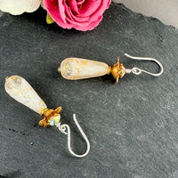 Czech Glass Frosted White and Gold Dangle Drop Earrings in Sterling Silver