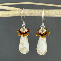 Czech Glass Frosted White and Gold Dangle Drop Earrings in Sterling Silver