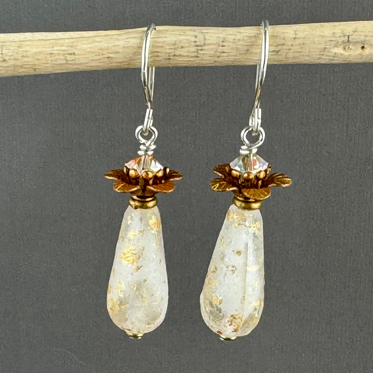 Czech Glass Frosted White and Gold Dangle Drop Earrings in Sterling Silver
