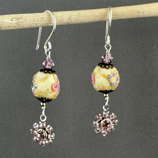 Vintage Round Wedding Cake and Swarovski Crystal Drop Earrings in Sterling Silver