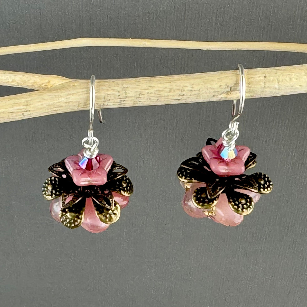 Czech Glass Pink Flower Drop Earrings in Sterling Silver