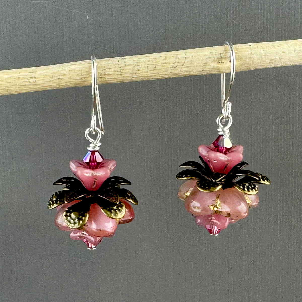 Czech Glass Pink Flower Drop Earrings in Sterling Silver