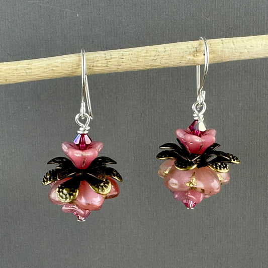 Czech Glass Pink Flower Drop Earrings in Sterling Silver