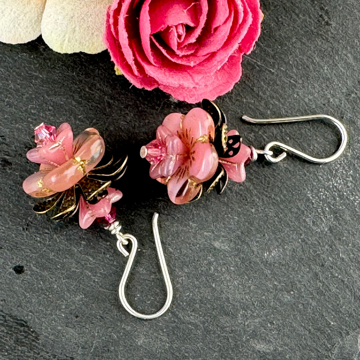 Czech Glass Pink Flower Drop Earrings in Sterling Silver