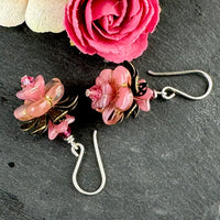 Czech Glass Pink Flower Drop Earrings in Sterling Silver
