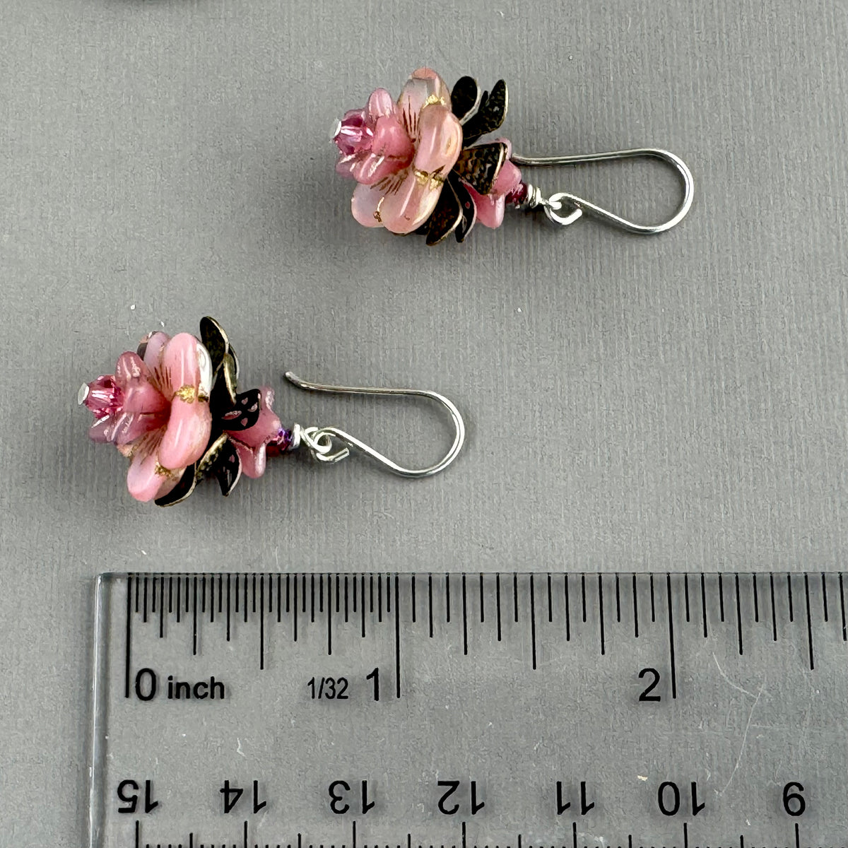 Czech Glass Pink Flower Drop Earrings in Sterling Silver