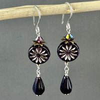 Czech Glass Purple Aster Flower Coin and Drop Bead Earrings in Sterling Silver