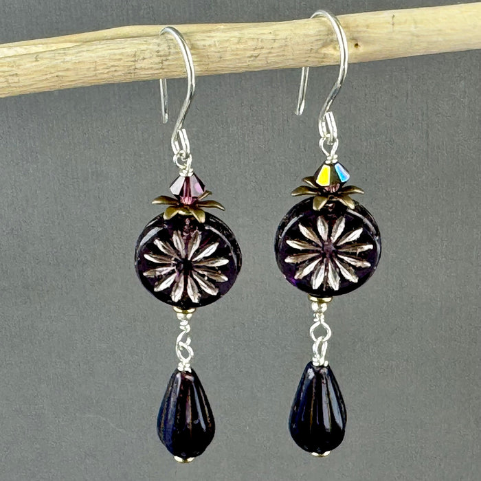 Czech Glass Purple Aster Flower Coin and Drop Bead Earrings in Sterling Silver