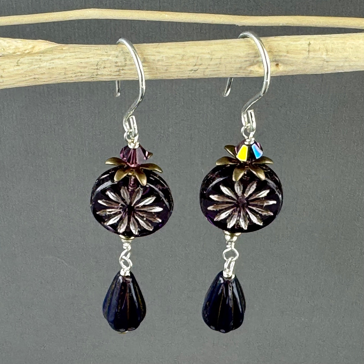 Czech Glass Purple Aster Flower Coin and Drop Bead Earrings in Sterling Silver