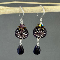 Czech Glass Purple Aster Flower Coin and Drop Bead Earrings in Sterling Silver