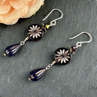 Czech Glass Purple Aster Flower Coin and Drop Bead Earrings in Sterling Silver