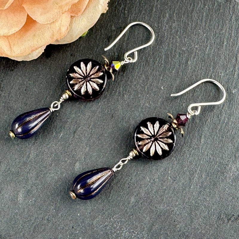 Czech Glass Purple Aster Flower Coin and Drop Bead Earrings in Sterling Silver